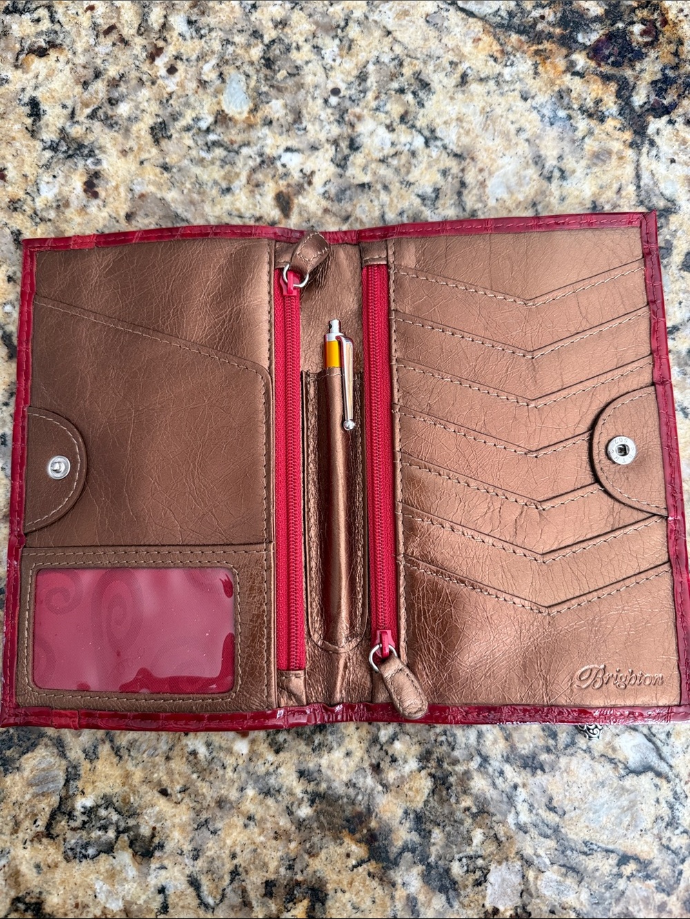 Brighton RED CROCO Passport Holder with BRONZE Trim in VERY GOOD CONDITION